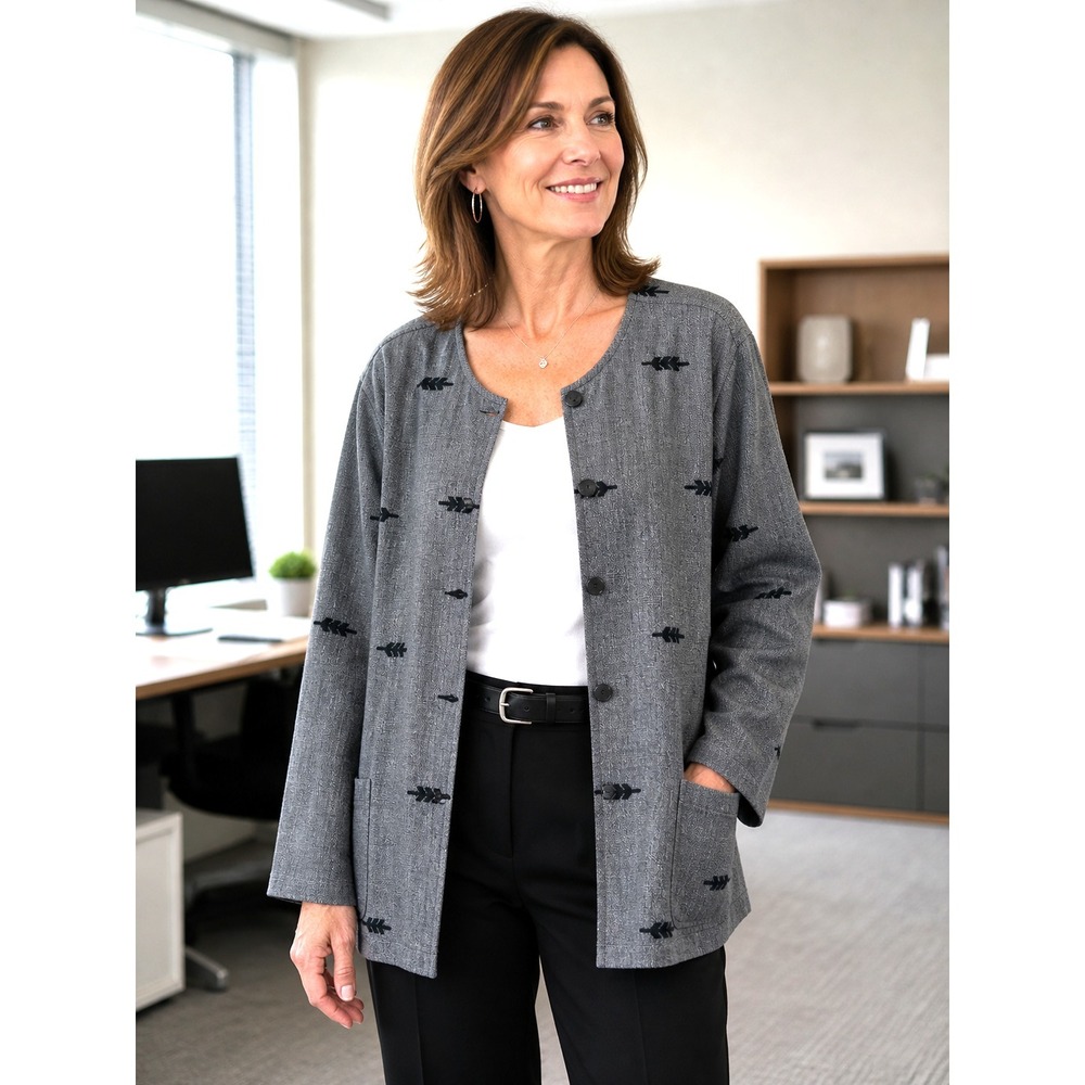COLDWATER CREEK Women's XL Gray Button-Front Textured Cotton Jacket Casual Artsy